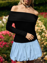 Contrast Color Pleated Split-Joint High Waisted Long Sleeves Off-The-Shoulder Mini Dresses